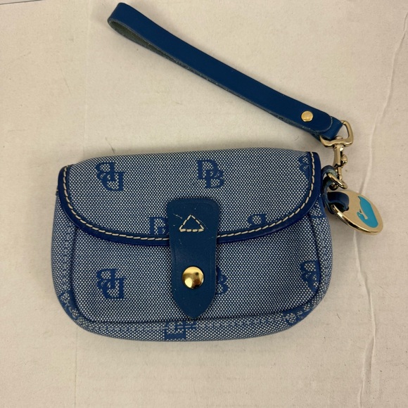 Dooney & Bourke‎ Blue Logo Canvas Leather Trim Wristlet Wallet Small Pouch